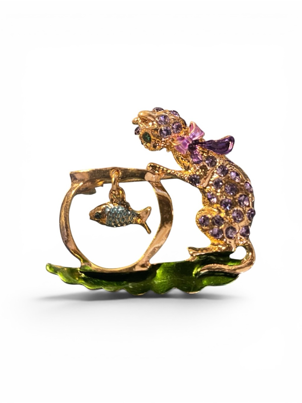 Gold-Tone Cat & Fish Brooch with Purple Crystal Accents